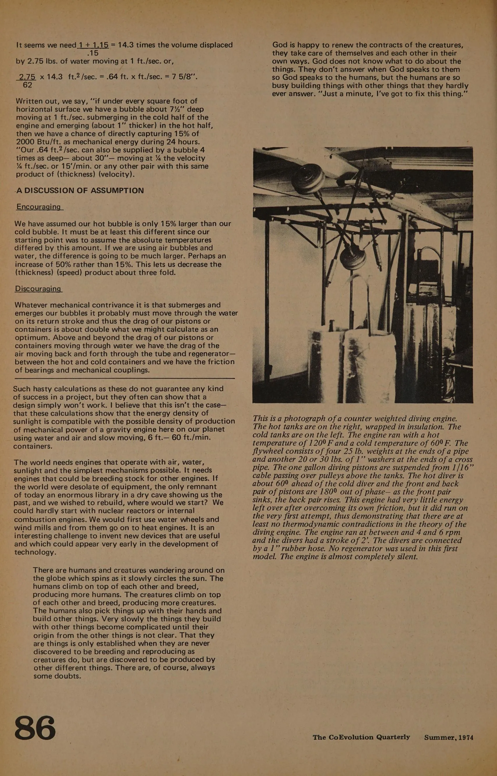 Photograph of the counterweighted diving engine prototype: hot tanks (insulated) on the right, cold tanks on the left, flywheel and pulley rig above
