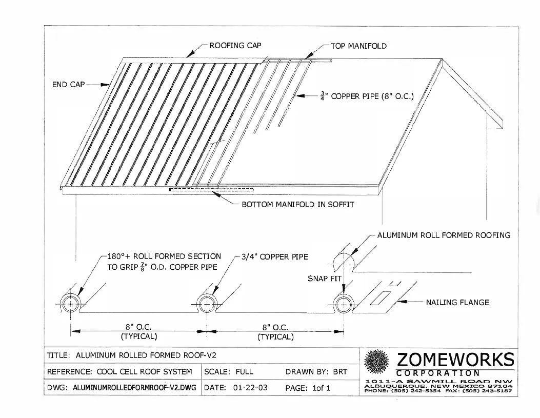 Aluminum roll-formed roof technical drawing — v2, DWG: ALUMINUMROLLEDFORMROOF-V2, dated 01-22-03
