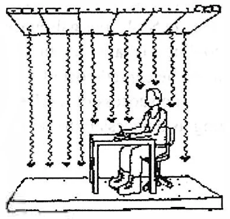 Figure 9.7 — ceiling heating infrared shadow diagram from Ed Allen's How Buildings Work